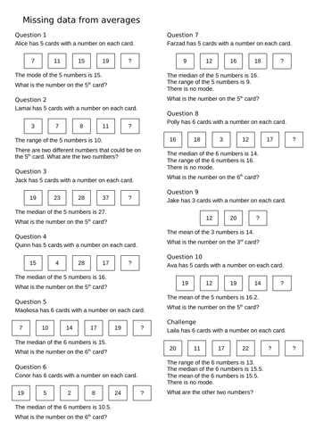 Find Missing Data Using Averages Teaching Resources