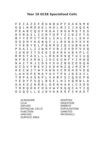 Year 10 GCSE Specialised Cells word search