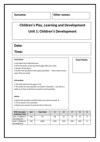 CPLD Children's Development - practice exam paper (Learning aim D)