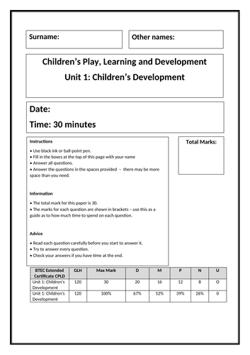 CPLD Children's Development - practice exam paper (learning aims A&B)