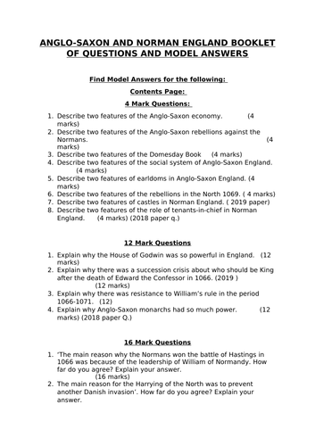 Anglo Saxon and Normans Edexcel Model Answers