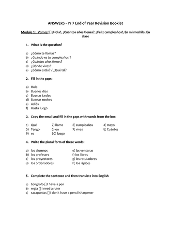 Mira 1 Modules 1-5 Revision Booklet with answers