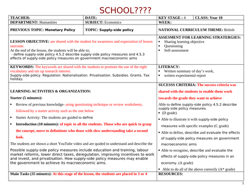 Lesson Plan on Economics: Supply side Policy