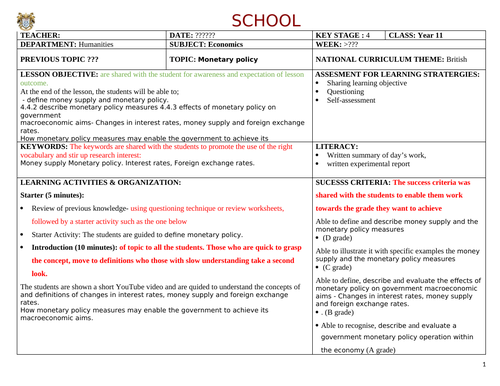 Economics Lesson Plan on Monetary Policy