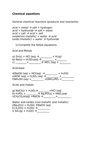 Chemical equations/Balanced equations