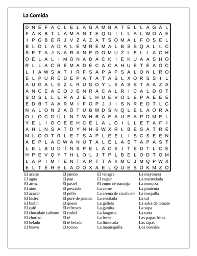 Comida (Food in Spanish) Wordsearch 2