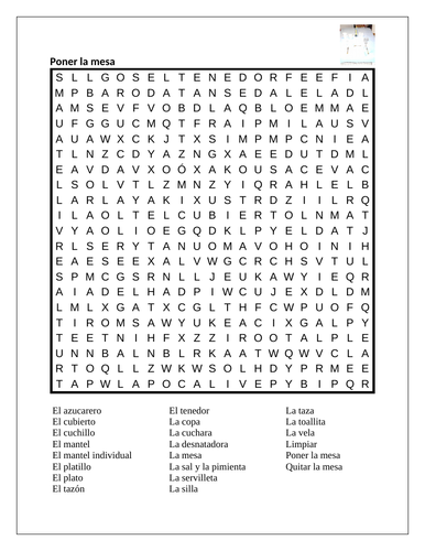 Poner la mesa (Set the Table in Spanish) Wordsearch | Teaching Resources