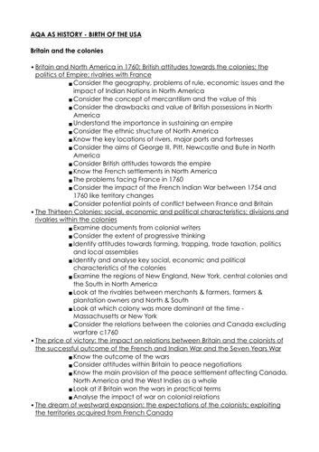 AQA Birth of the USA 1760-1801 Specification