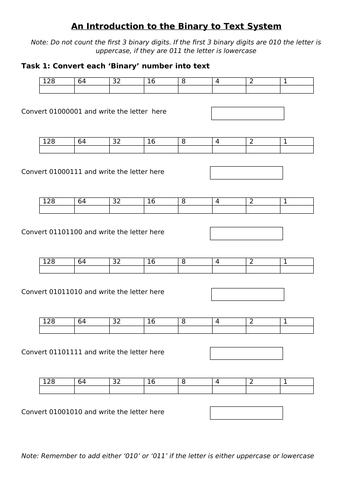 Converting Binarytext Worksheet Teaching Resources