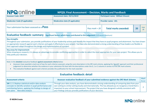 IBDP NPQSL project & feedback completed Feb 2020