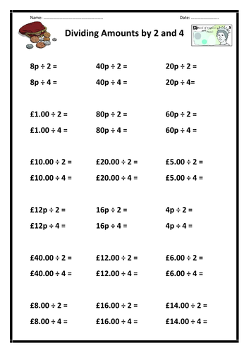 divide money by 2 and 4 worksheet teaching resources