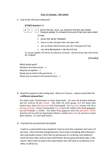 Die Arbeit - Writing & translation practice for GCSE German