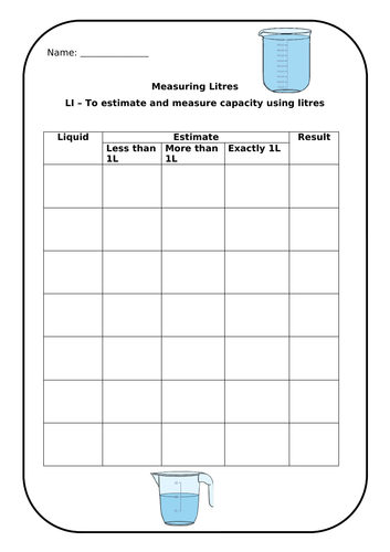 Capacity 1 Litre Worksheet - Recording More/Less/Exactly 1L | Teaching ...