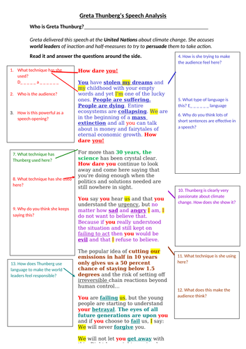 Guided Analysis Of Greta Thunberg S Speech And Persuasive Techniques Recap Teaching Resources