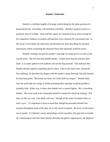 Grade 9 Essay: Hamlet's Indecision