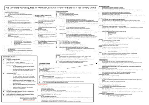 Opposition, resistance and conformity and Life in Nazi Germany, 1933-39, Revision Summary Sheet