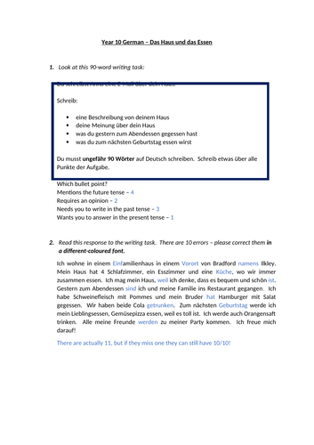 GCSE German - Das Haus und das Essen - Writing & Translation Practice