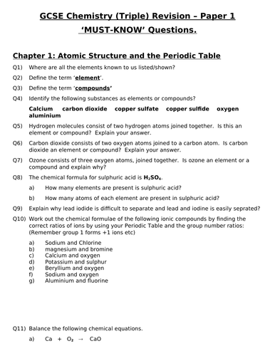 GCSE Triple Chemistry Revision - Paper 1 Questions and Answers