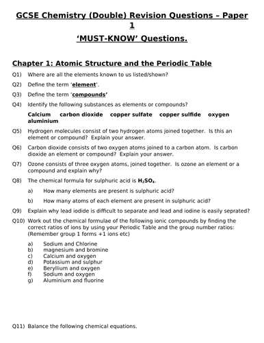 Gcse Chemistry Revision Topic 1 Atomic Structure And The Periodic Table Questions And Answers Teaching Resources