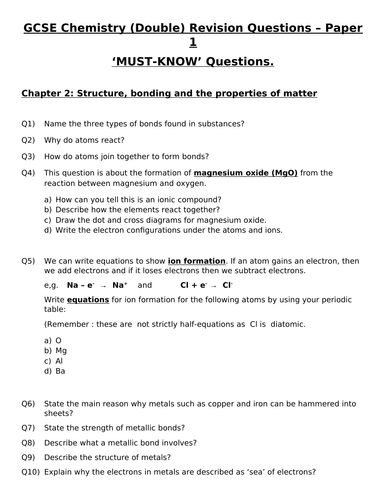GCSE Chemistry (Double) Revision - Topic 2 Structure and Bonding Questions and Answers