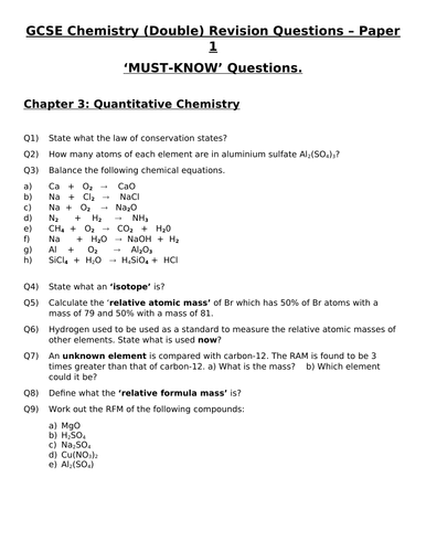GCSE Chemistry (Double) Revision - Topic 3 Quantitative Chemistry Questions and Answers