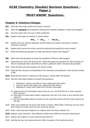 GCSE Chemistry (Double) Revision - Topic 4 Chemical Changes Questions and Answers