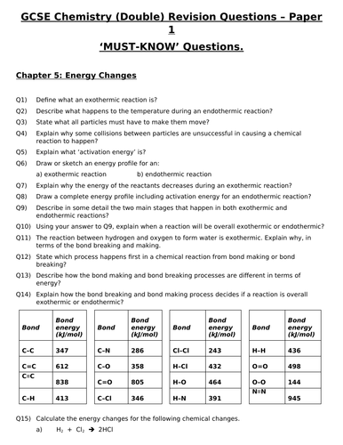 GCSE Chemistry (Double) Revision - Topic 5 Energy Changes Questions and Answers