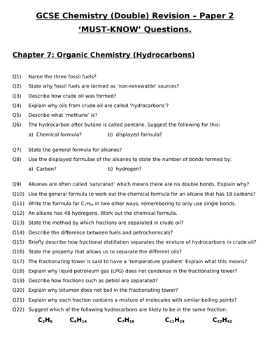 GCSE Chemistry (Double) Revision - Topic 7 Organic Chemistry Questions and Answers
