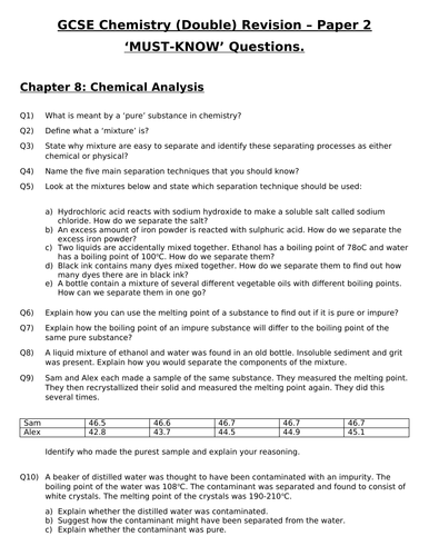GCSE Chemistry (Double) Revision - Topic 8 Chemical Analysis Questions and Answers