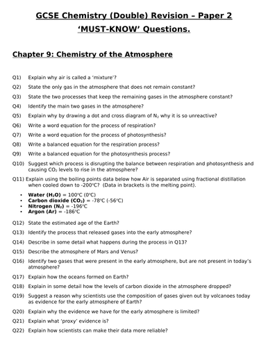 GCSE Chemistry (Double) Revision - Topic 9 Chemistry of the Atmosphere Questions and Answers