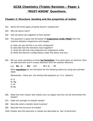 GCSE Triple Chemistry Revision - Topic 2 Structure & Bonding Questions and Answers