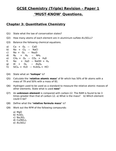 GCSE Triple Chemistry Revision - Topic 3 Quantitative Chemistry Questions and Answers