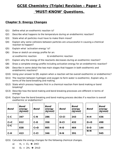 GCSE Triple Chemistry Revision - Topic 5 Energy Changes Questions and Answers