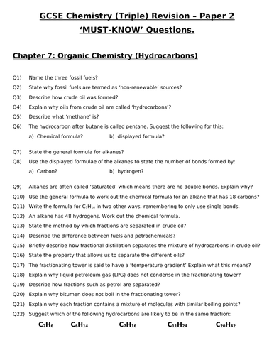 GCSE Triple Chemistry Revision - Topic 7 Organic Chemistry Questions and Answers