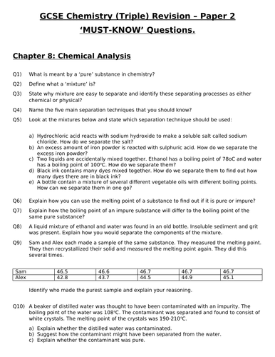 GCSE Triple Chemistry Revision - Topic 8 Chemical Analysis Questions and Answers