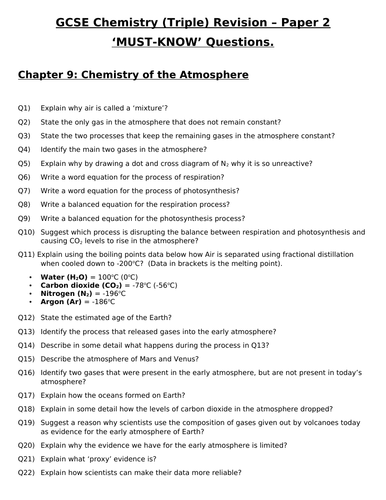 GCSE Triple Chemistry Revision - Topic 9 Chemistry of the Atmosphere Questions and Answers