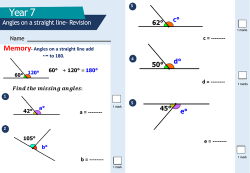Angles on a straight line and around a point and in a tringle.