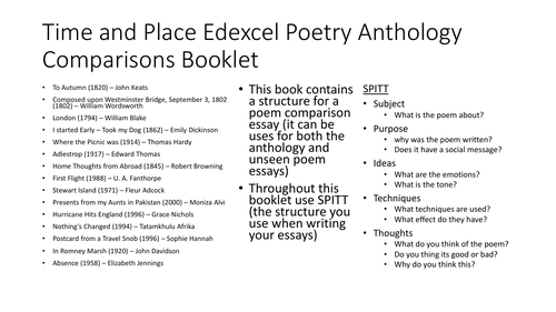 Edexcel GCSE English Literature Time and Place Poetry Comparisons Booklet