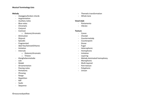 GCSE and A Level Music Terminology List