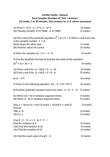Complex Numbers A* Test + Answers - Further Maths