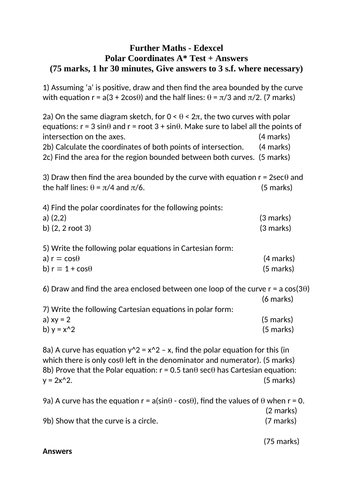 Polar Coordinates A* Test + Answers - Further Maths