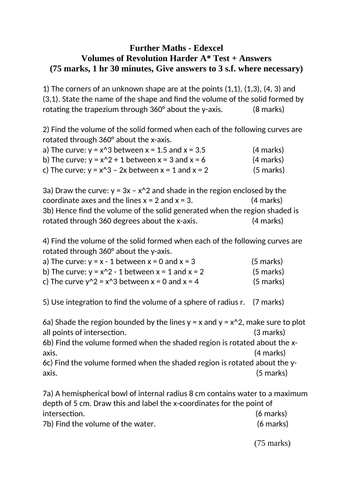 Volumes of Revolution A* Test + Answers - Further Maths