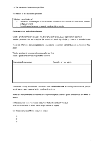 iGCSE Economics.Unit 1. Topic 1: Nature of the Economic Problem