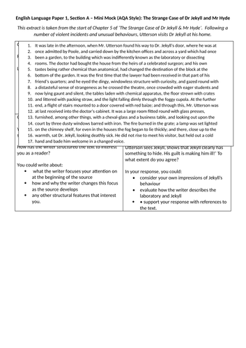 AQA Style English Language Paper 1: Jekyll & Hyde (MINI-MOCK)