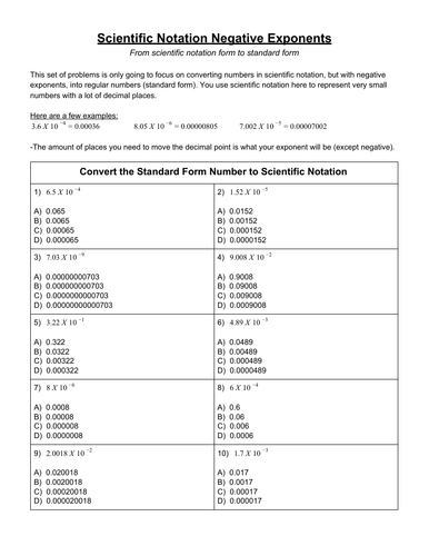 Scientific Notation Negative Exponents (With Answers)
