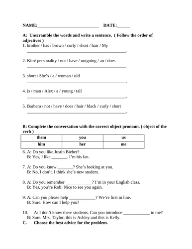 OBJECT  PRONOUNS, ORDER OF ADJECTIVES