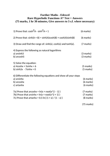 Hyperbolic Functions A* Test - Further Maths