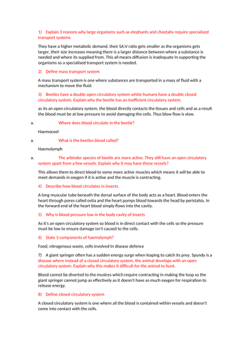 OCR A-level Biology Transport In Animals Questions