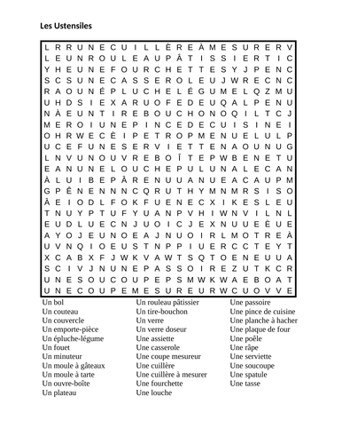 Ustensiles (Utensils in French) Wordsearch | Teaching Resources