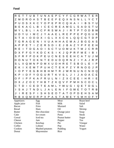 Food in English Wordsearch